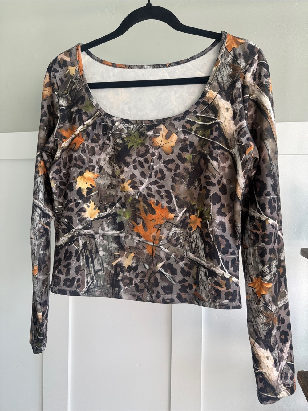 Long-Sleeve Scoop Neck Crop Top in cheetah and camo with Orange Leaf Print